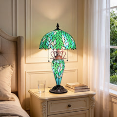 COTOSS Tiffany Lamp Green Wisteria Stained Glass Table Lamp 3-Lights