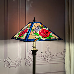 Tiffany Floor Lamp with Nightlight — Rose & Dragonfly Stained Glass, W16" × H59"