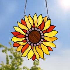 Capulina Sunflower Stained Glass Window Hangings Suncatcher for Window,Handmade Tiffany Glass Crafts for Family and Friends