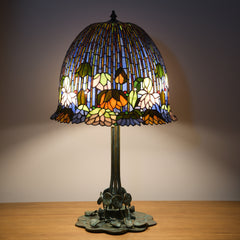 Thatyears Tiffany Style Lotus Stained Glass Table Lamp – Handcrafted Dome Shade with Bronze Lotus Leaf Base