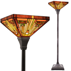 Capulina Tiffany Lamp Stained Glass Torchiere Floor Lamp, 12x12x70 Inches Industrial Blackish Bronze Pole Amber Brown Antique Tiffany Style Torch Standing Lamp for Living Room Bedroom Home Office