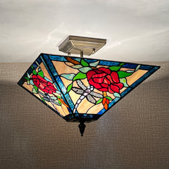 Tiffany Semi Flush Mount Ceiling Light — Rose Stained Glass, W14" × H11", 2-Light