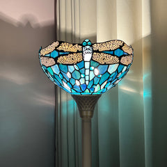 Tiffany Torchiere Floor Lamp,Handcrafted Stained Glass Lamp Shade,Antique Style Standing Corner Light for Living Room and Bedroom(Dragonfly)