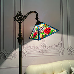 Tiffany Floor Lamp — Rose Stained Glass, Gooseneck Adjustable, W11" × H62"