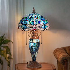 Capulina Tiffany Lamp Stained Glass Table Lamp Mother-Daughter Vase 3-Light 12X12X20 Inches Antique Blue Dragonfly Tiffany Style Desk Lamp for Home Office Living Room Bedroom