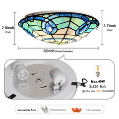 Tiffany Ceiling Lights, Stained Glass Ceiling Light 2-Lights 12 Inch Tiffany Flush Mount Ceiling Light for Bedroom Dining Living Room Entryway Foyer