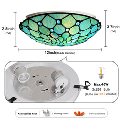 Tiffany Ceiling Lights, Stained Glass Ceiling Light 2-Lights 12 Inch Tiffany Flush Mount Ceiling Light for Bedroom Dining Living Room Entryway Foyer(Blue)
