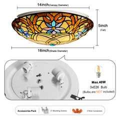 ARTZONE Tiffany Ceiling Lights, Stained Glass Ceiling Light 3-Lights 16 Inch Tiffany Flush Mount Ceiling Light for Bedroom Dining Living Room Entryway Foyer