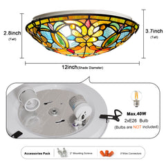 Tiffany Ceiling Lights, Stained Glass Ceiling Light 2-Lights 12 Inch Tiffany Flush Mount Ceiling Light for Bedroom Dining Living Room Entryway Foyer