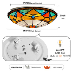 Tiffany Ceiling Lights, Stained Glass Ceiling Light 3-Lights 16 Inch Tiffany Flush Mount Ceiling Light for Bedroom Dining Living Room Entryway Foyer