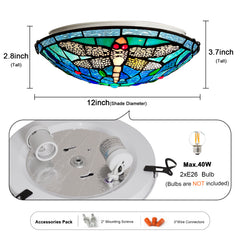 Tiffany Ceiling Lights, Stained Glass Ceiling Light 2-Lights 12 Inch Tiffany Flush Mount Ceiling Light for Bedroom Dining Living Room Entryway Foyer