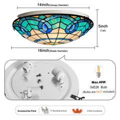 Tiffany Ceiling Lights, Stained Glass Ceiling Light 3-Lights 16 Inch Tiffany Flush Mount Ceiling Light for Bedroom Dining Living Room Entryway Foyer