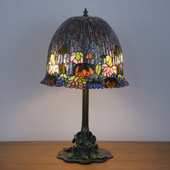 Thatyears Tiffany Style Lotus Stained Glass Table Lamp – Handcrafted Dome Shade with Bronze Lotus Leaf Base