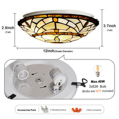 Tiffany Ceiling Lights, Stained Glass Ceiling Light 2-Lights 12 Inch Tiffany Flush Mount Ceiling Light for Bedroom Dining Living Room Entryway Foyer