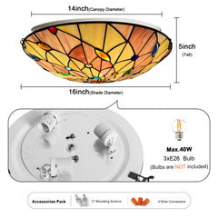 Tiffany Ceiling Lights, Stained Glass Ceiling Light 3-Lights 16 Inch Tiffany Flush Mount Ceiling Light for Bedroom Dining Living Room Entryway Foyer
