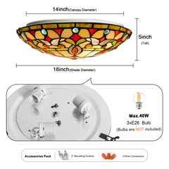 Tiffany Ceiling Lights, Stained Glass Ceiling Light 3-Lights 16 Inch Tiffany Flush Mount Ceiling Light for Bedroom Dining Living Room Entryway Foyer