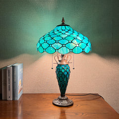 Capulina Tiffany Lamp Stained Glass Table Lamp 3-Light 16x16x24 Inches Mother-Daughter Vase Seagrass Blue Beads Tiffany Style Desk Reading Lamp Decor for Home Office Bedroom Living Room
