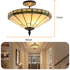 Capulina Tiffany Lamp Stained Glass Ceiling Light 2-Light 16 Inches Wide Cream Tiffany Style Semi Flush Mount Ceiling Lamp for Dining Room Porch Hallway Kitchen Entryway