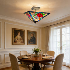 Tiffany Semi Flush Mount Ceiling Light — Rose Stained Glass, W14" × H11", 2-Light