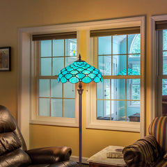 Capulina Tiffany Lamp Stained Glass Floor Lamp 2-Light 16X16X63 Inches Seagrass Blue Beads Tiffany Style Standing Reading Lamp for Living Room Bedroom Home Office