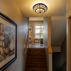 Tiffany Ceiling Lights, Stained Glass Ceiling Light 2-Lights 12 Inch Tiffany Flush Mount Ceiling Light for Bedroom Dining Living Room Entryway Foyer