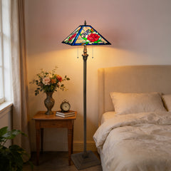 Tiffany Floor Lamp with Nightlight — Rose & Dragonfly Stained Glass, W16" × H59"