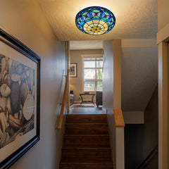 Tiffany Ceiling Lights, Stained Glass Ceiling Light 3-Lights 16 Inch Tiffany Flush Mount Ceiling Light for Bedroom Dining Living Room Entryway Foyer