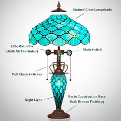 Capulina Tiffany Lamp Stained Glass Table Lamp 3-Light 16x16x24 Inches Mother-Daughter Vase Seagrass Blue Beads Tiffany Style Desk Reading Lamp Decor for Home Office Bedroom Living Room