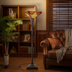 Capulina Tiffany Lamp Stained Glass Torchiere Floor Lamp, 12x12x70 Inches Industrial Blackish Bronze Pole Amber Brown Antique Tiffany Style Torch Standing Lamp for Living Room Bedroom Home Office