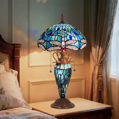 Capulina Tiffany Lamp Stained Glass Table Lamp Mother-Daughter Vase 3-Light 12X12X20 Inches Antique Blue Dragonfly Tiffany Style Desk Lamp for Home Office Living Room Bedroom