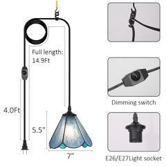 Cotoss Tiffany Pendant Light 1 - Light7 inch hanging pendant plug in Pendant,Perfect for a bedroom nightstand