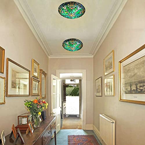ARTZONE Tiffany Ceiling Lights, Stained Glass Ceiling Light 3-Lights 16 Inch Tiffany Flush Mount Ceiling Light Fixture for Bedroom Dining Living Room Entryway Foyer(Green Victoria)