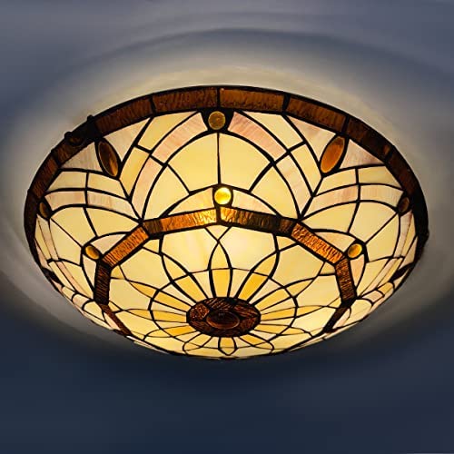 ARTZONE Tiffany Ceiling Lights, Stained Glass Ceiling Light 3-Lights 16 Inch Tiffany Flush Mount Ceiling Light Fixture for Bedroom Dining Living Room Entryway Foyer(Amber Brown)