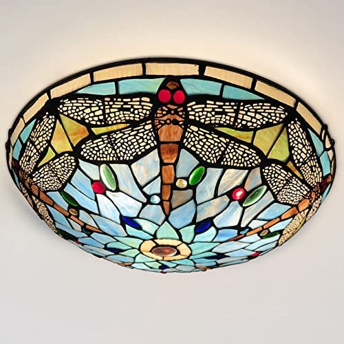ARTZONE Tiffany Ceiling Lights, Stained Glass Ceiling Light 3-Lights 16 Inch Tiffany Flush Mount Ceiling Light Fixture for Bedroom Dining Living Room Entryway Foyer(Brown Dragonfly)