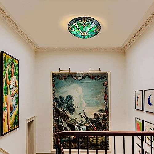 ARTZONE Tiffany Ceiling Lights, Stained Glass Ceiling Light 3-Lights 16 Inch Tiffany Flush Mount Ceiling Light Fixture for Bedroom Dining Living Room Entryway Foyer(Green Victoria)