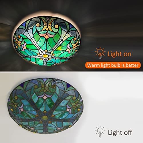 ARTZONE Tiffany Ceiling Lights, Stained Glass Ceiling Light 3-Lights 16 Inch Tiffany Flush Mount Ceiling Light Fixture for Bedroom Dining Living Room Entryway Foyer(Green Victoria)