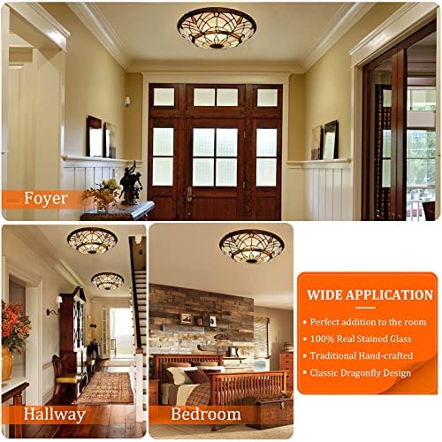 ARTZONE Tiffany Ceiling Lights, Stained Glass Ceiling Light 3-Lights 16 Inch Tiffany Flush Mount Ceiling Light Fixture for Bedroom Dining Living Room Entryway Foyer(Amber Brown)