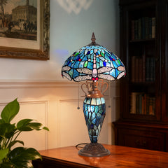 Capulina Tiffany Lamp Stained Glass Table Lamp Mother-Daughter Vase 3-Light 12X12X20 Inches Antique Blue Dragonfly Tiffany Style Desk Lamp for Home Office Living Room Bedroom