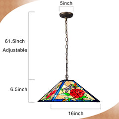 Tiffany Pendant Light — Rose & Dragonfly Stained Glass, W16" Adjustable Height