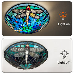 Tiffany Ceiling Lights, Stained Glass Ceiling Light 2-Lights 12 Inch Tiffany Flush Mount Ceiling Light for Bedroom Dining Living Room Entryway Foyer