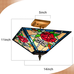 Tiffany Semi Flush Mount Ceiling Light — Rose Stained Glass, W14" × H11", 2-Light