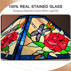 Tiffany Floor Lamp with Nightlight — Rose & Dragonfly Stained Glass, W16" × H59"