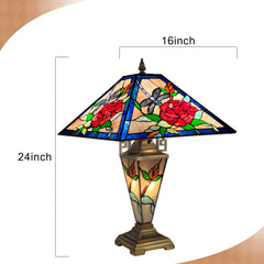 Tiffany Table Lamp with Nightlight — Rose & Dragonfly Stained Glass, W16" × H24"