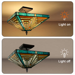 Capulina Tiffany Lamp Stained Glass Ceiling Light 2-Light 14 Inches Wide Amber Green Tiffany Style Semi Flush Mount Ceiling Lamp for Kitchen Porch Entryway Bathroom Hallway