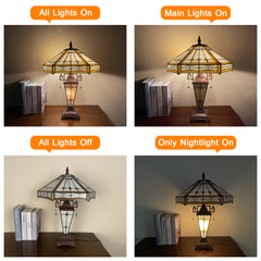 Capulina Tiffany Stained Glass Table Lamp 3-Lights 16x16x24 Inches Mother-Daughter Vase Cream Hexagon Desk Reading Lamp for Home Office Bedroom Living Room