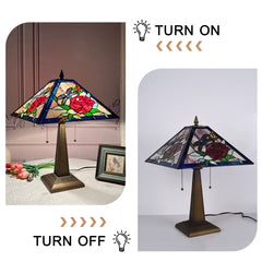 Tiffany Table Lamp with Nightlight — Rose & Dragonfly Stained Glass, W16" × H24"