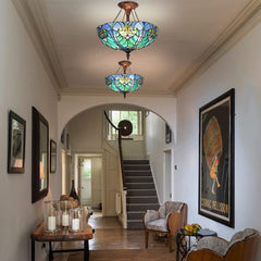 Cotoss Tiffany Style Ceiling Light Fixtures 16” Wide Stained Glass Lamp Shade 2-Light Classical Victorian Style Semi Flush Mount Ceiling Light for Hallway Bedroom Kitchen