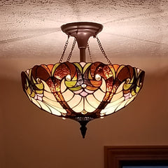 Cotoss Tiffany Style Ceiling Light Fixtures 16” Wide Stained Glass Ceiling Lamp 2-Light Antique Victorian Style Semi Flush Mount Ceiling Lights for Hallway Bedroom Kitchen