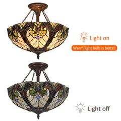 Cotoss Tiffany Style Ceiling Light Fixtures 16” Wide Stained Glass Ceiling Lamp 2-Light Antique Victorian Style Semi Flush Mount Ceiling Lights for Hallway Bedroom Kitchen