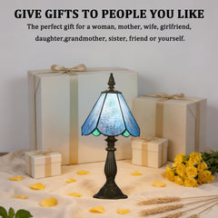 Cotoss Tiffany Table Lamp,Handcrafts Stained Glass Style Table Light,Blue Small Desk Bedside Table Night Lamp for Living Room Bedroom Study Office Bookcase Desk Light